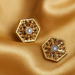 Elegant Gold Hexagon Crystal Stud Earrings – Modern Geometric Minimalist Jewelry